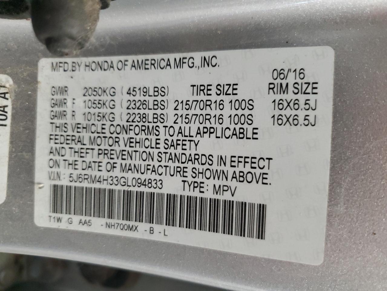 2016 Honda Cr-V Lx VIN: 5J6RM4H33GL094833 Lot: 85110245