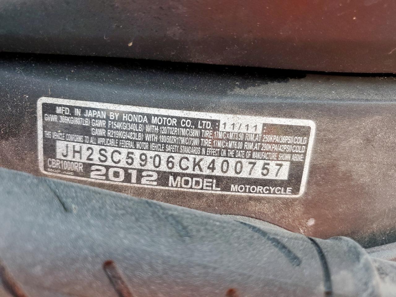 2012 Honda Cbr1000 Rr VIN: JH2SC5906CK400757 Lot: 84921275