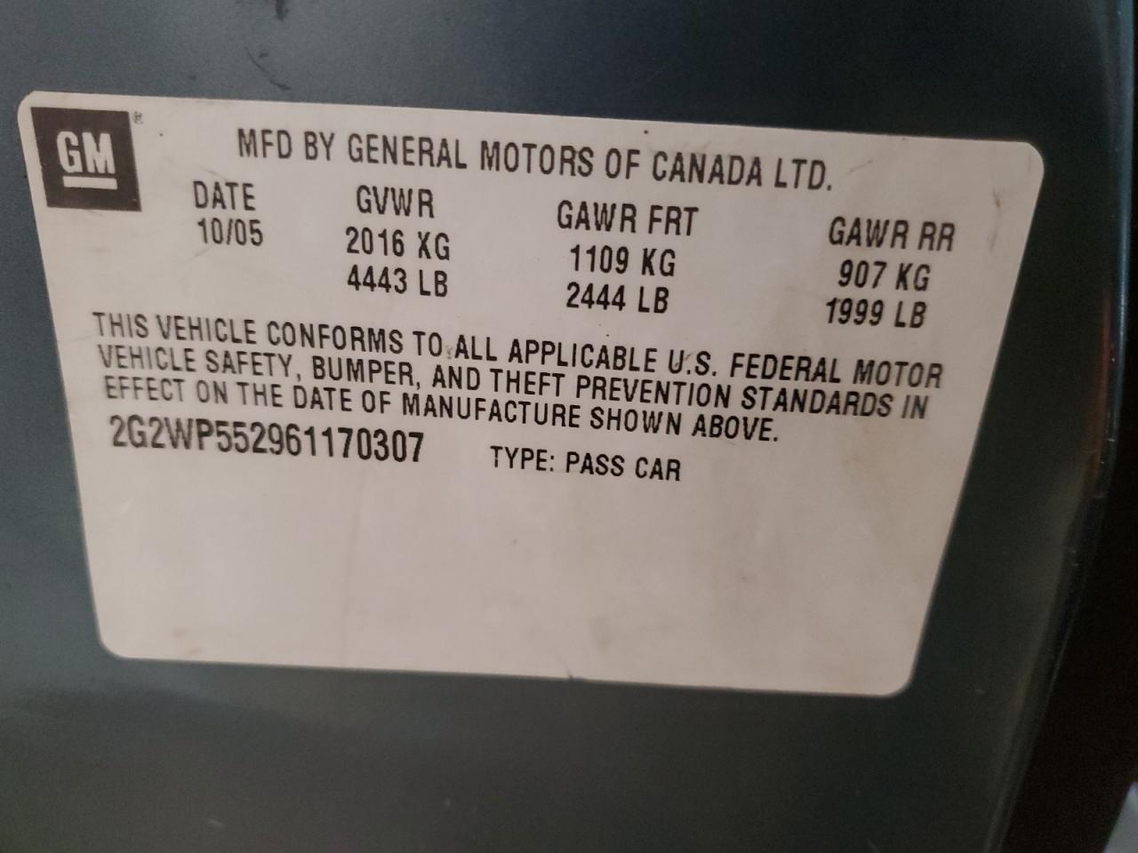 2006 Pontiac Grand Prix VIN: 2G2WP552961170307 Lot: 90117905