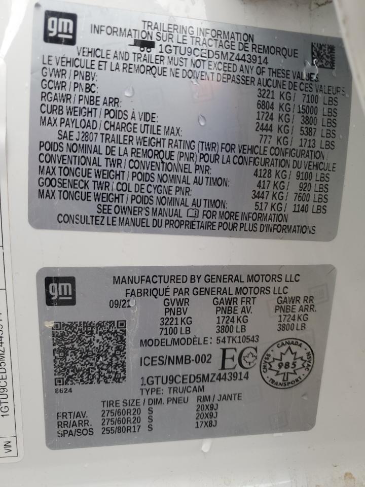 2021 GMC Sierra K1500 Elevation VIN: 1GTU9CED5MZ443914 Lot: 90346665