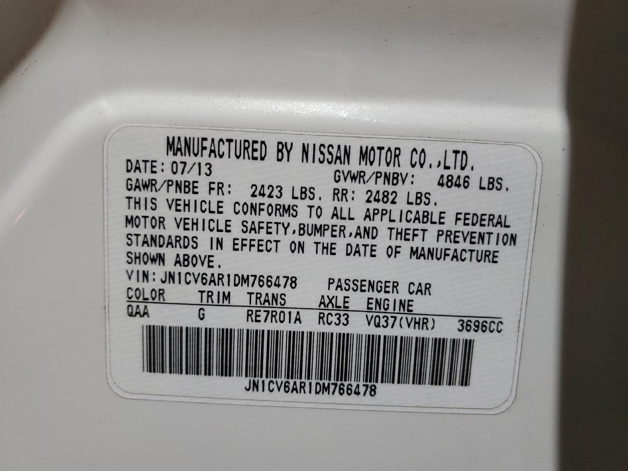 2013 Infiniti G37 VIN: JN1CV6AR1DM766478 Lot: 82547905