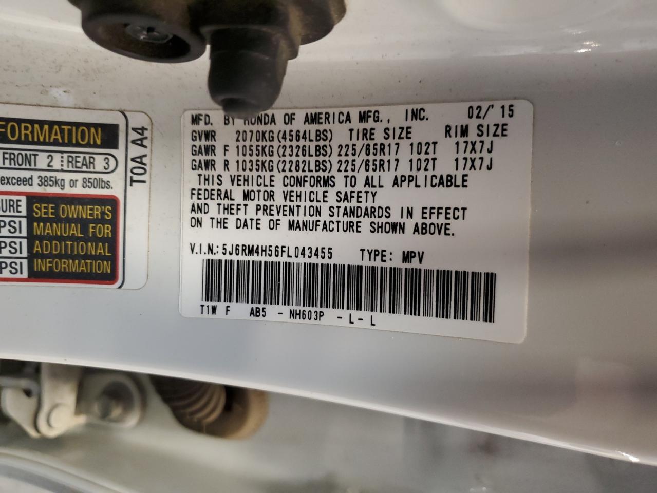 2015 Honda Cr-V Ex VIN: 5J6RM4H56FL043455 Lot: 82191165