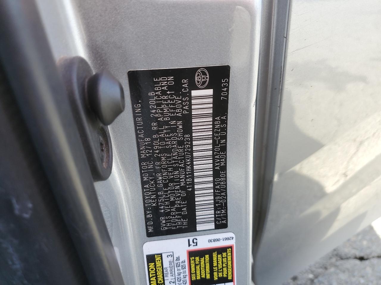 2019 Toyota Camry L VIN: 4T1B11HK4KU729238 Lot: 84051485