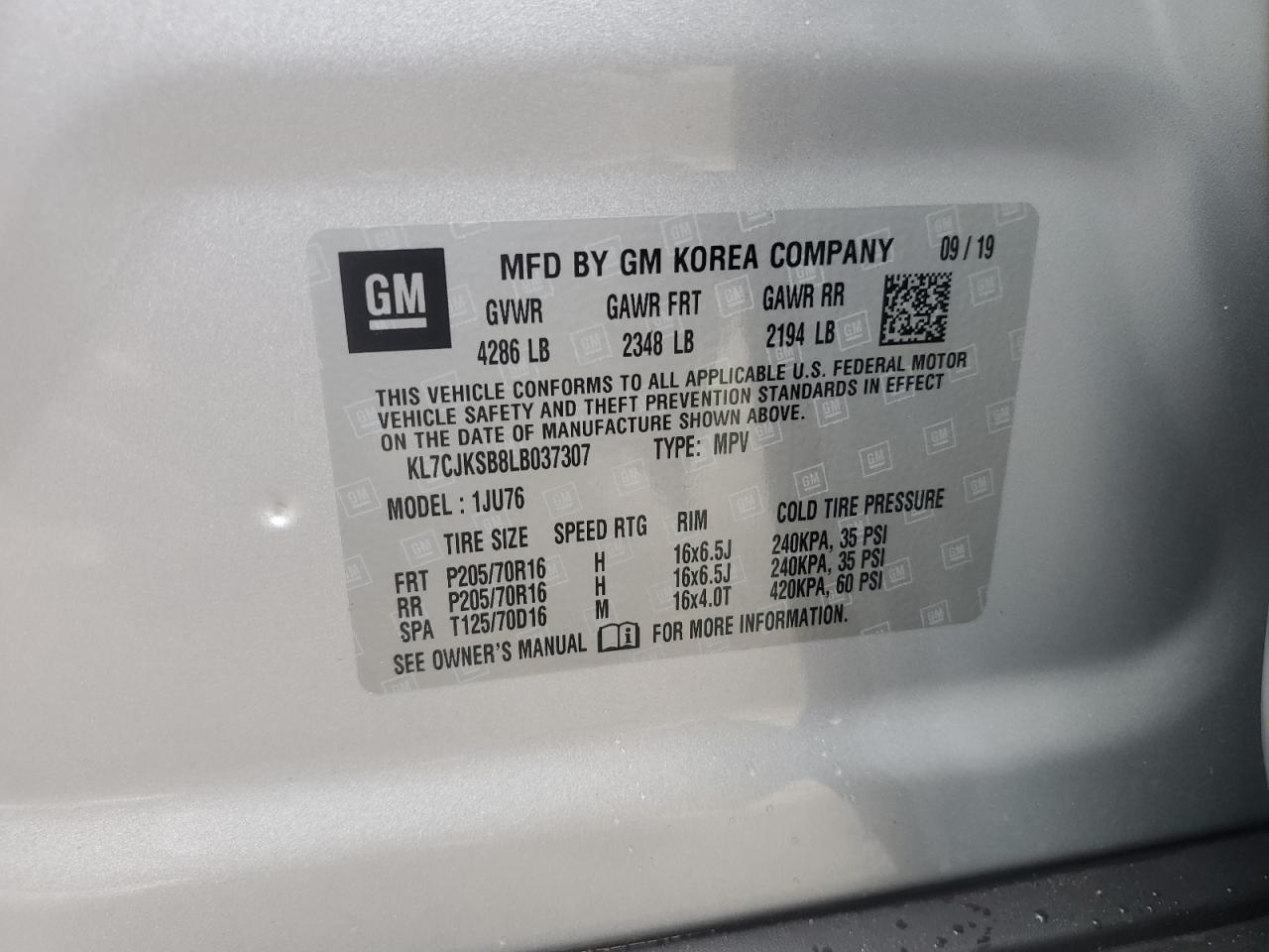 2020 Chevrolet Trax Ls VIN: KL7CJKSB8LB037307 Lot: 85319315