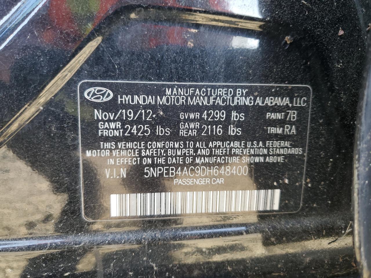 2013 Hyundai Sonata Gls VIN: 5NPEB4AC9DH648400 Lot: 82289865