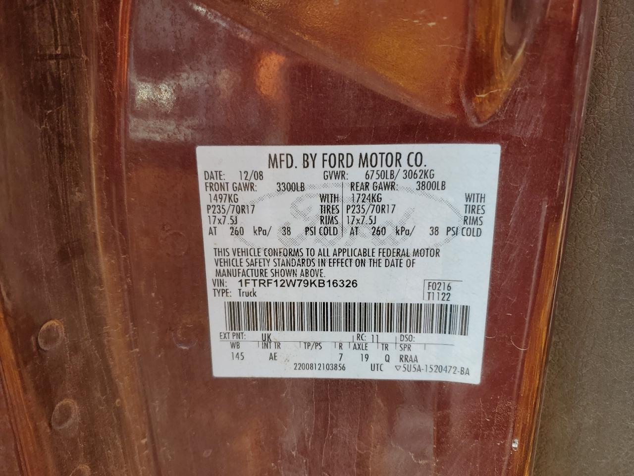 2009 Ford F150 VIN: 1FTRF12W79KB16326 Lot: 90464205