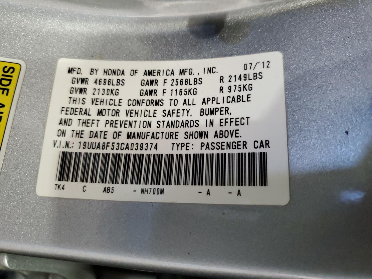 2012 Acura Tl VIN: 19UUA8F53CA039374 Lot: 87002595