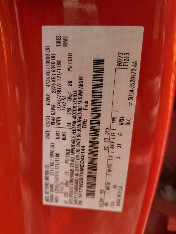 2021 Ford F250 Super Duty VIN: 1FT7W2BT0MED40144 Lot: 86882805