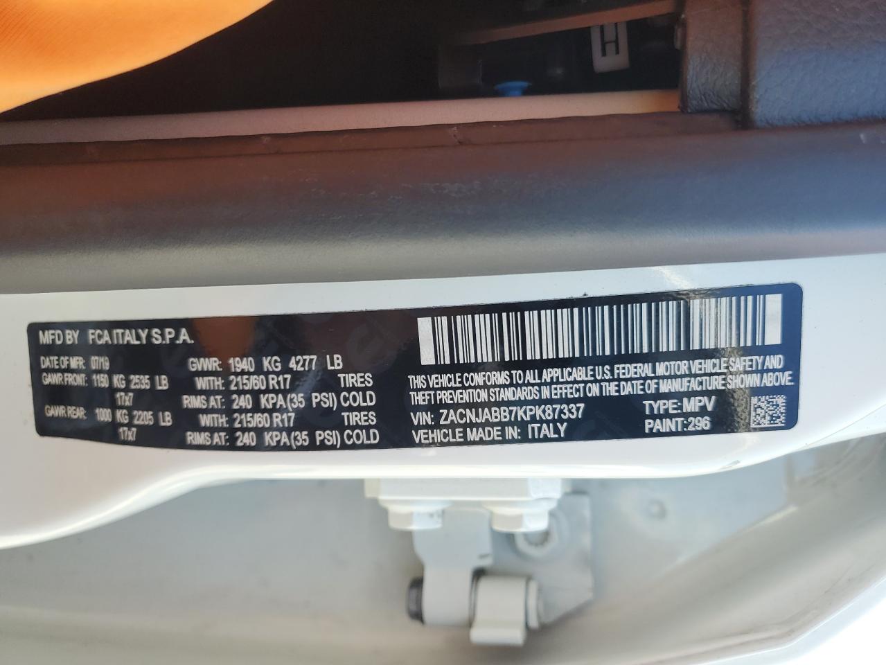 2019 Jeep Renegade Latitude VIN: ZACNJABB7KPK87337 Lot: 89716215