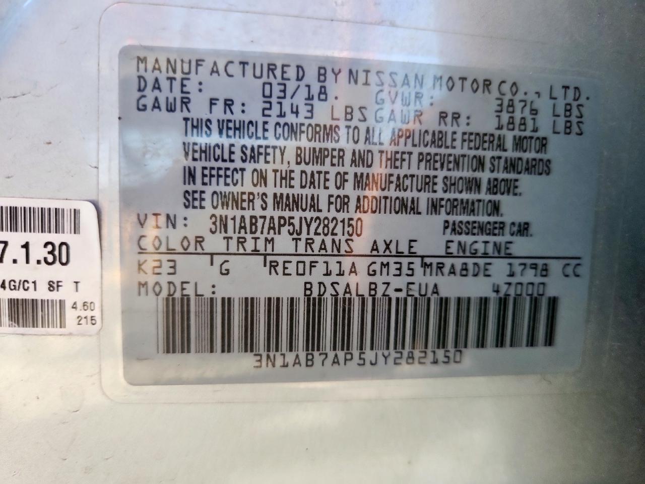 2018 Nissan Sentra S VIN: 3N1AB7AP5JY282150 Lot: 82359775