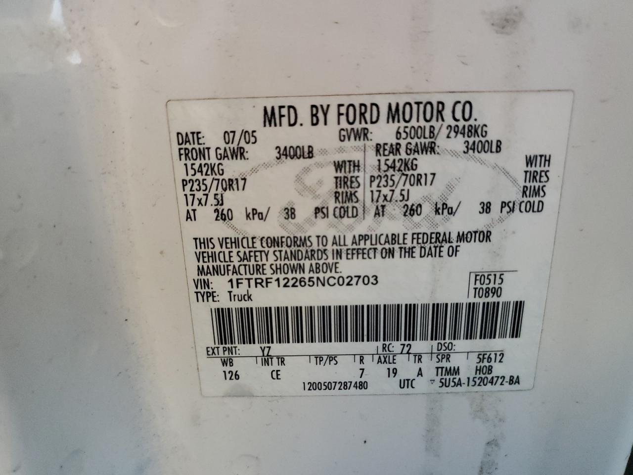 2005 Ford F150 VIN: 1FTRF12265NC02703 Lot: 85713935