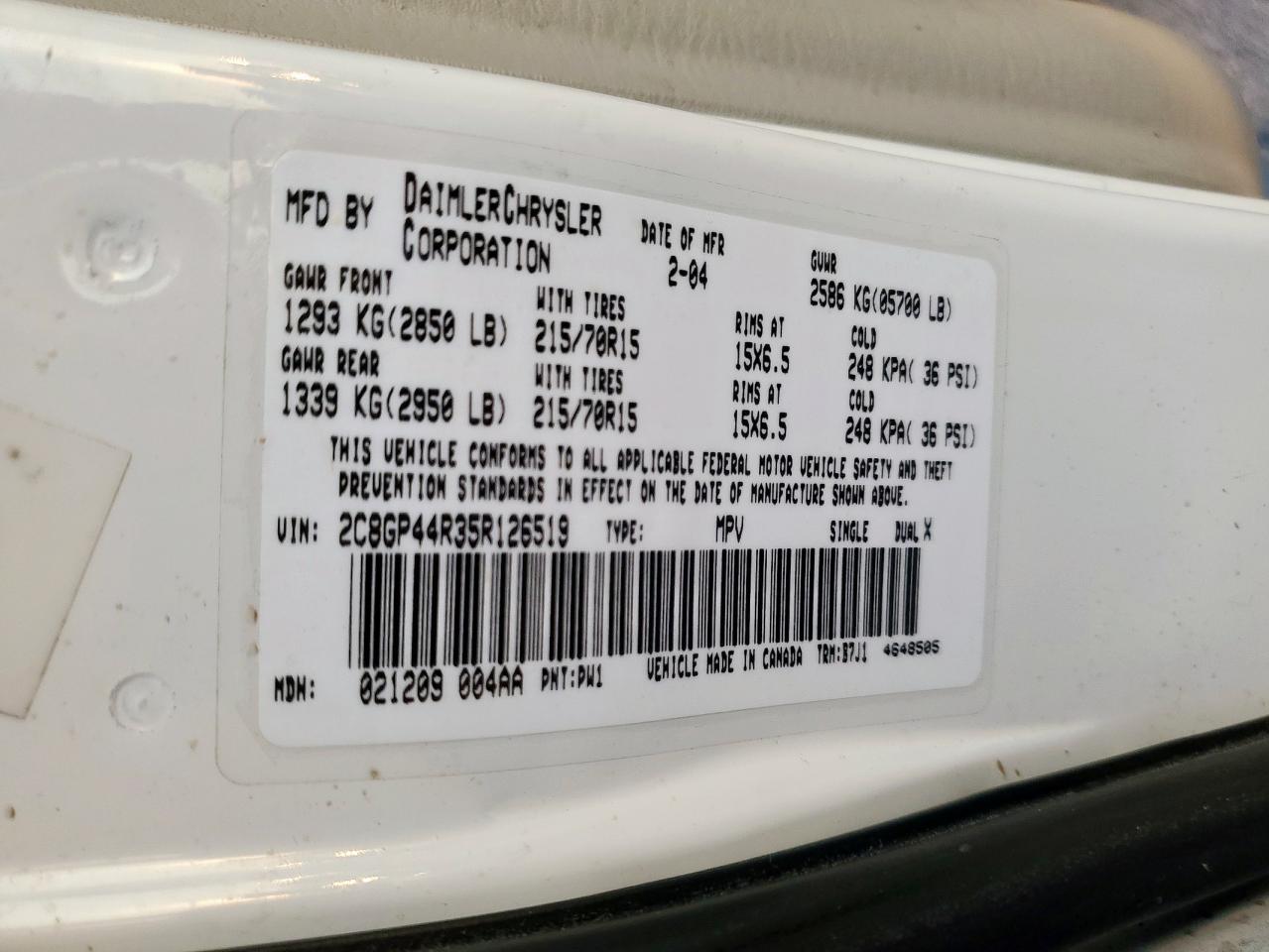 2005 Chrysler Town & Country Lx VIN: 2C8GP44R35R126519 Lot: 84928545