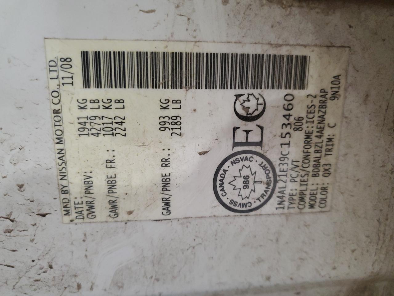 2009 Nissan Altima 2.5 VIN: 1N4AL21E39C153460 Lot: 85731815