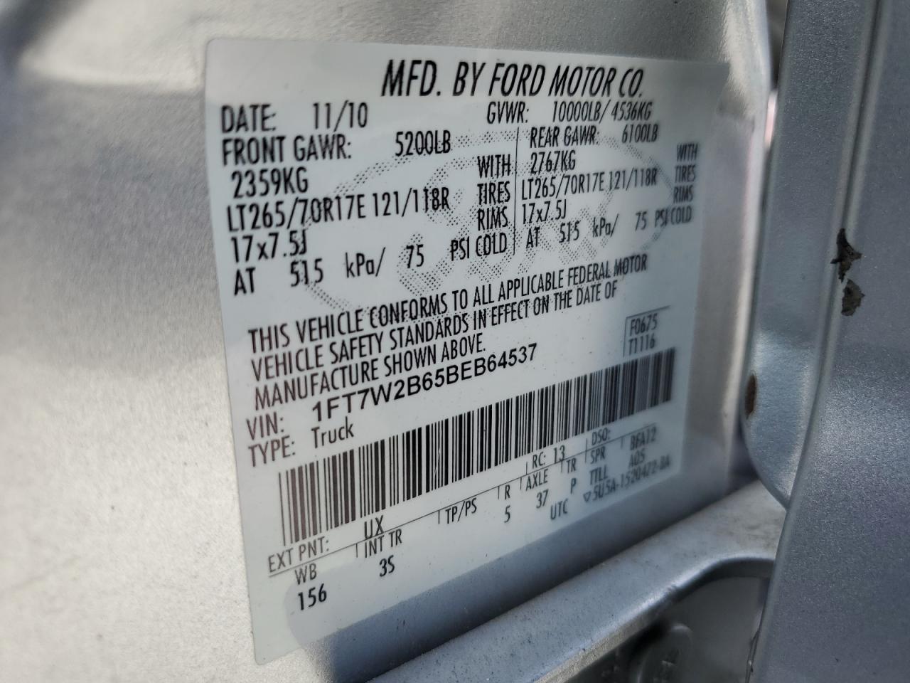 2011 Ford F250 Super Duty VIN: 1FT7W2B65BEB64537 Lot: 85308185