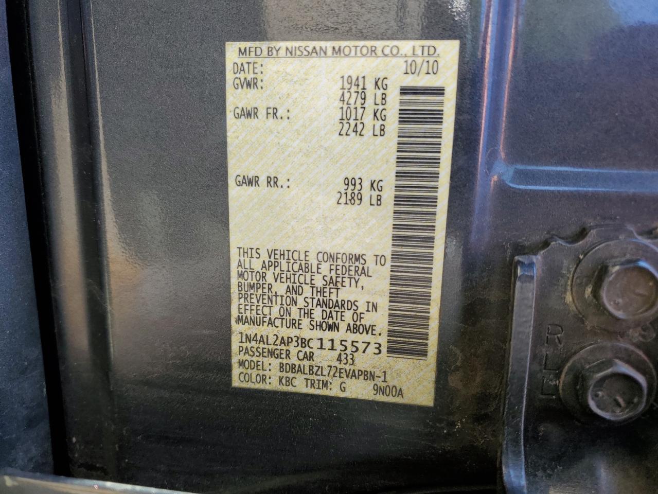 2011 Nissan Altima Base VIN: 1N4AL2AP3BC115573 Lot: 85130045