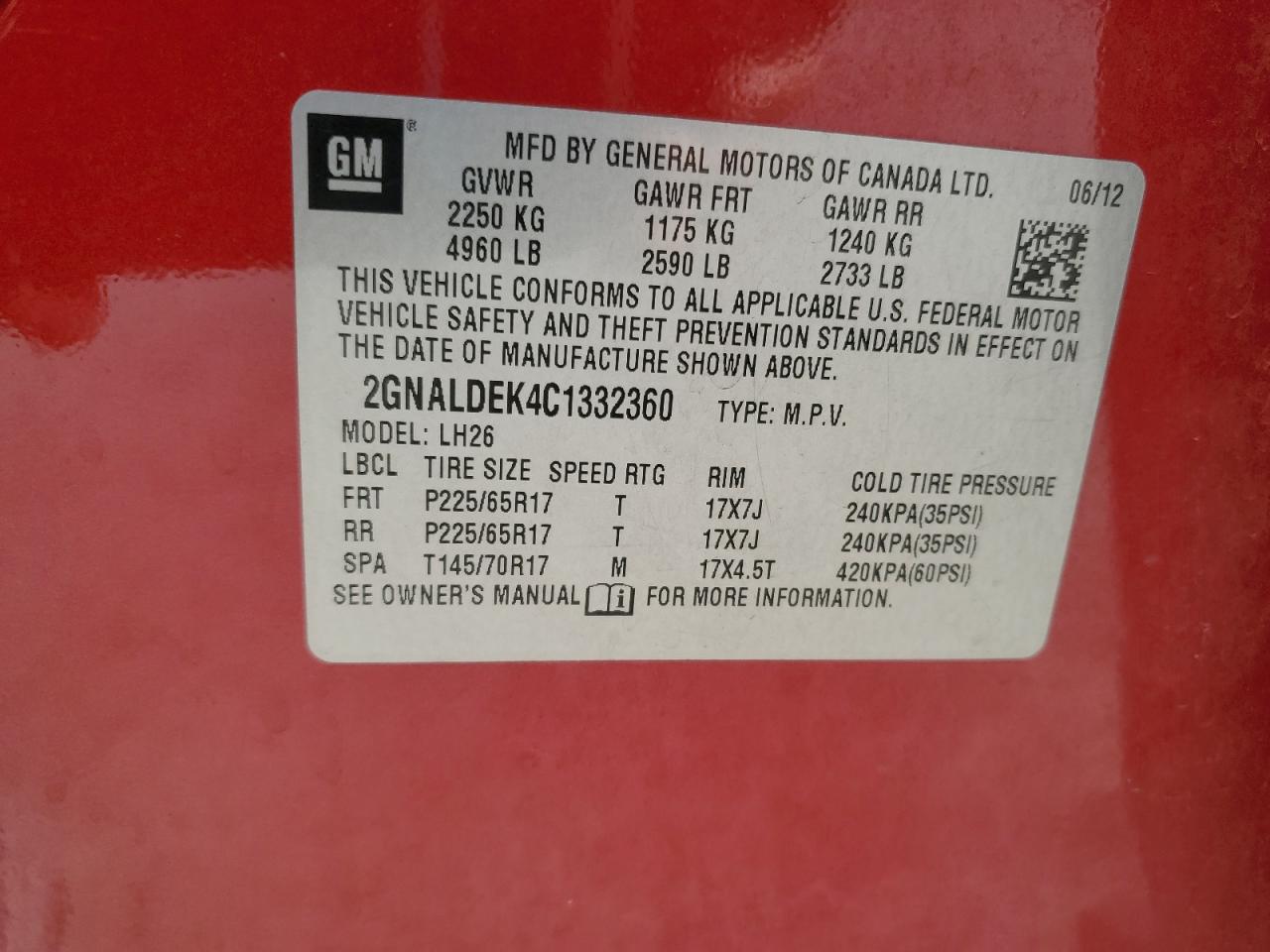 2012 Chevrolet Equinox Lt VIN: 2GNALDEK4C1332360 Lot: 85344915