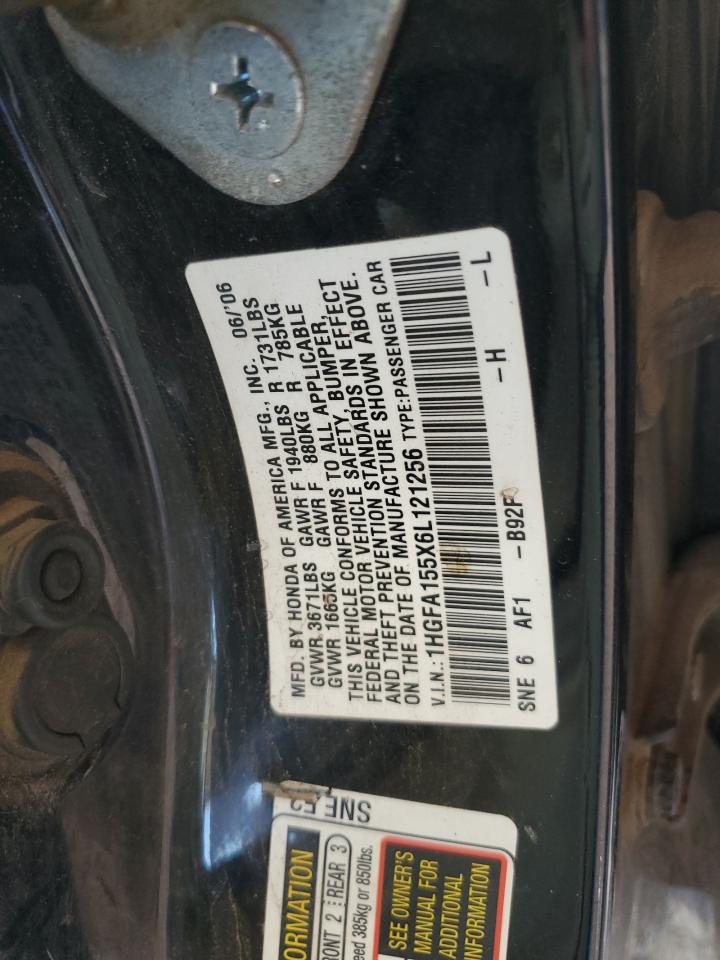 2006 Honda Civic Lx VIN: 1HGFA155X6L121256 Lot: 81948765