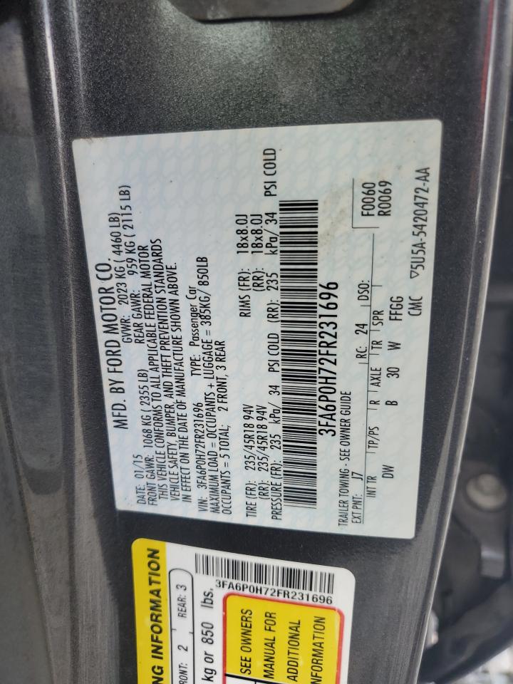 2015 Ford Fusion Se VIN: 3FA6P0H72FR231696 Lot: 85318545