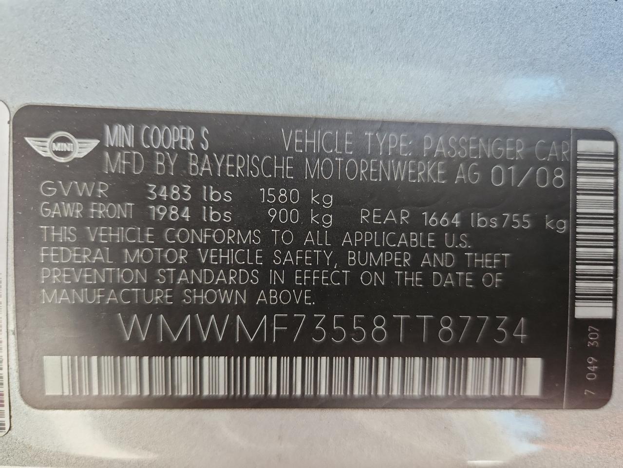 2008 Mini Cooper S VIN: WMWMF73558TT87734 Lot: 90090835