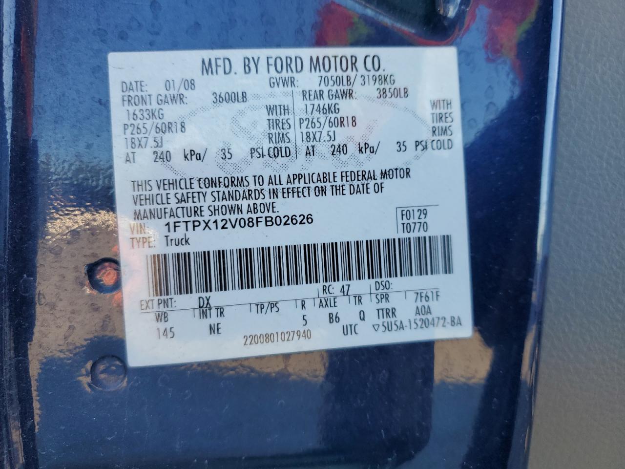 2008 Ford F150 VIN: 1FTPX12V08FB02626 Lot: 82314055