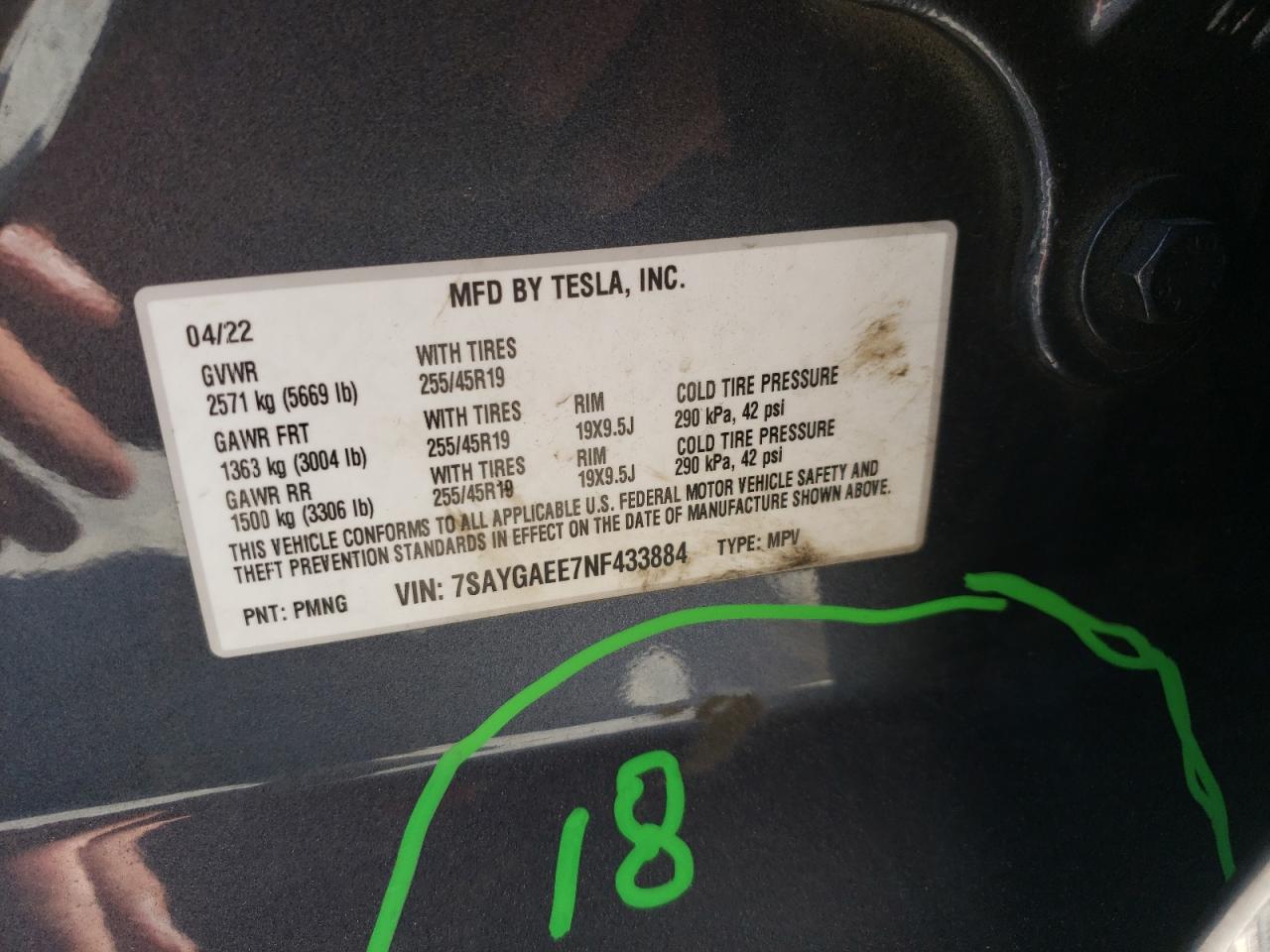 2022 Tesla Model Y VIN: 7SAYGAEE7NF433884 Lot: 81684165