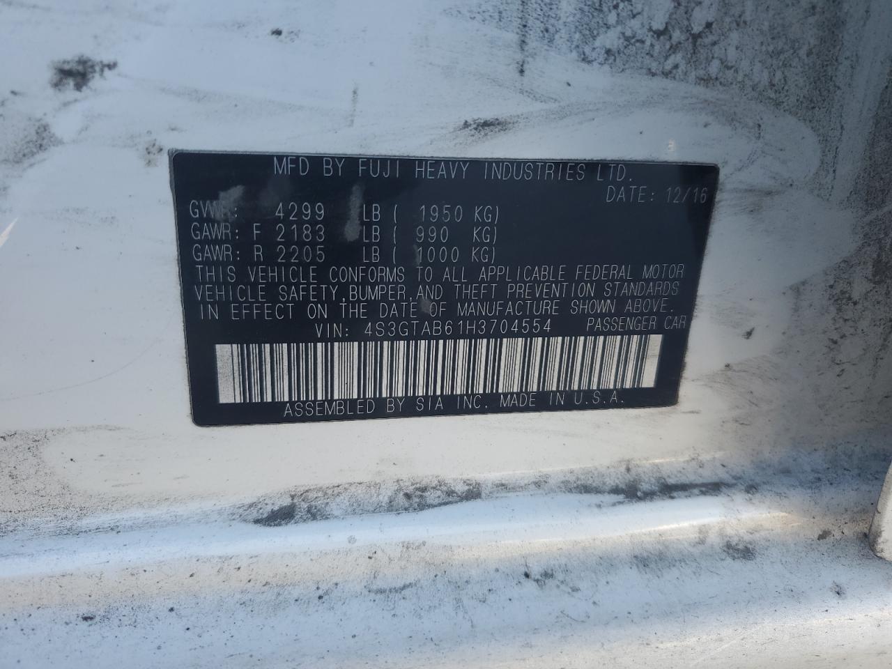 2017 Subaru Impreza Premium VIN: 4S3GTAB61H3704554 Lot: 89496605