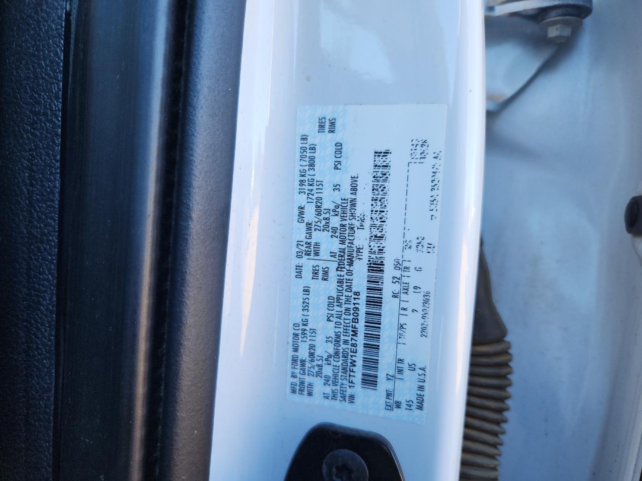 2021 Ford F150 Supercrew VIN: 1FTFW1E87MFB09118 Lot: 81950255