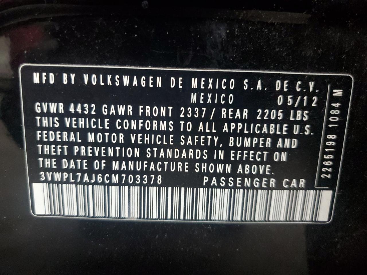 2012 Volkswagen Jetta Tdi VIN: 3VWPL7AJ6CM703378 Lot: 82748665