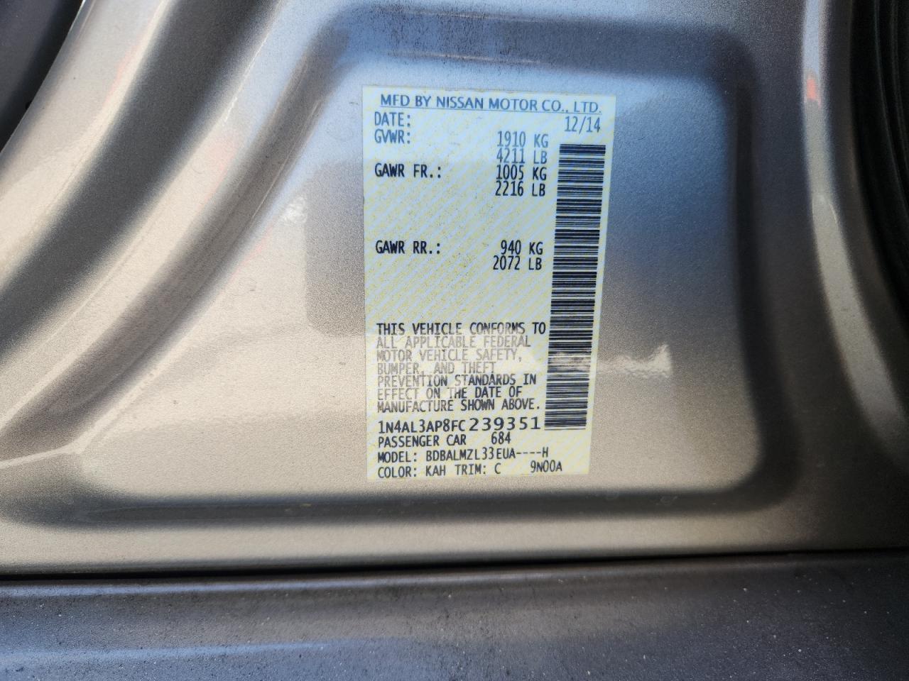 2015 Nissan Altima 2.5 VIN: 1N4AL3AP8FC239351 Lot: 89530605