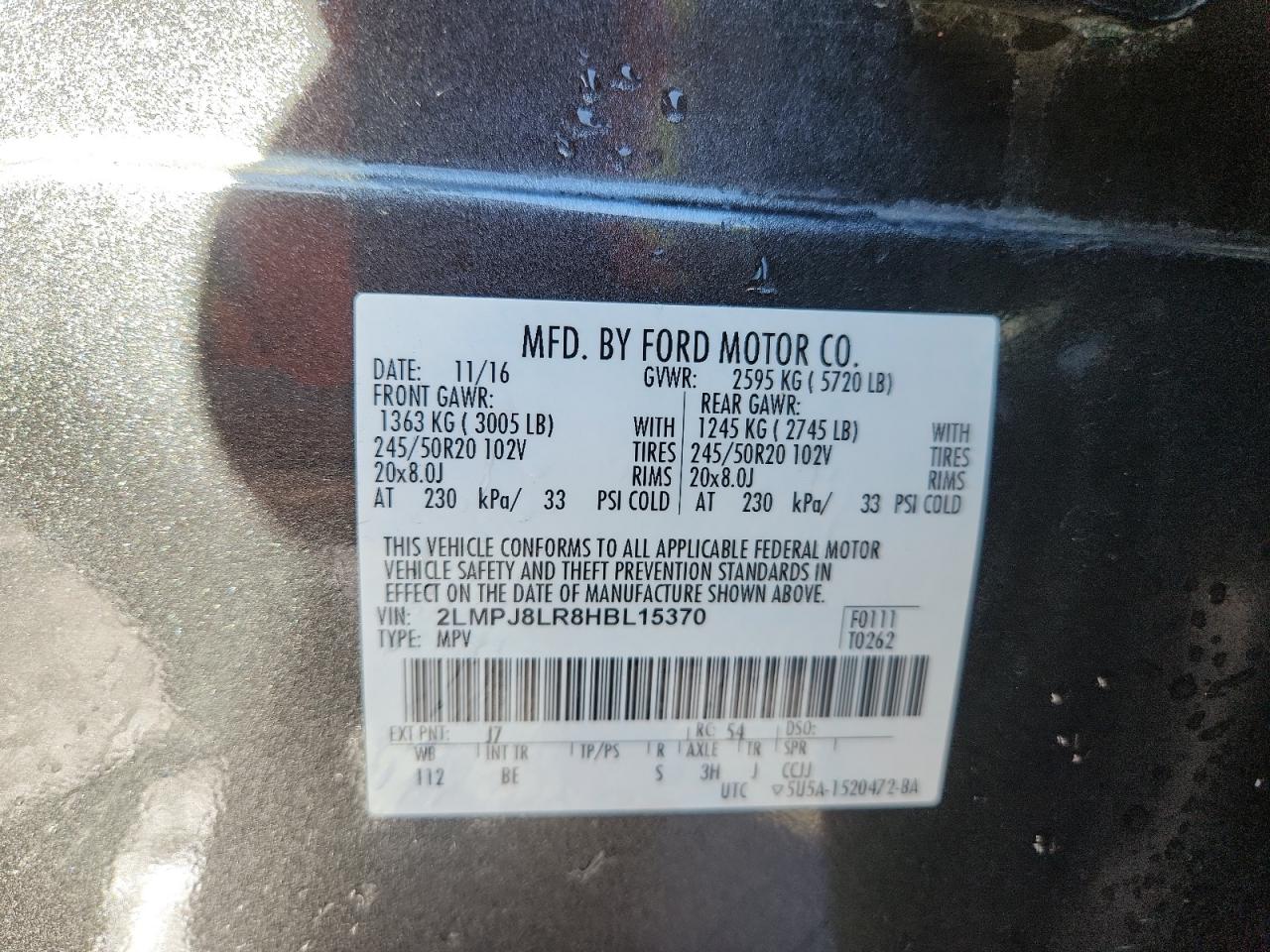 2017 Lincoln Mkx Reserve VIN: 2LMPJ8LR8HBL15370 Lot: 84426495