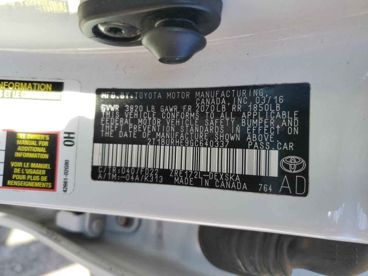 2016 Toyota Corolla L VIN: 2T1BURHE9GC640337 Lot: 84794685