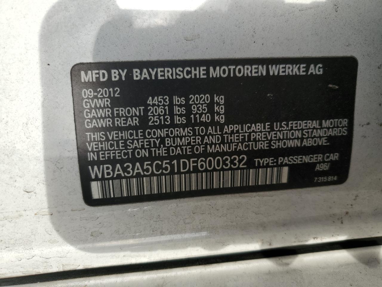 2013 BMW 328 I VIN: WBA3A5C51DF600332 Lot: 84727635