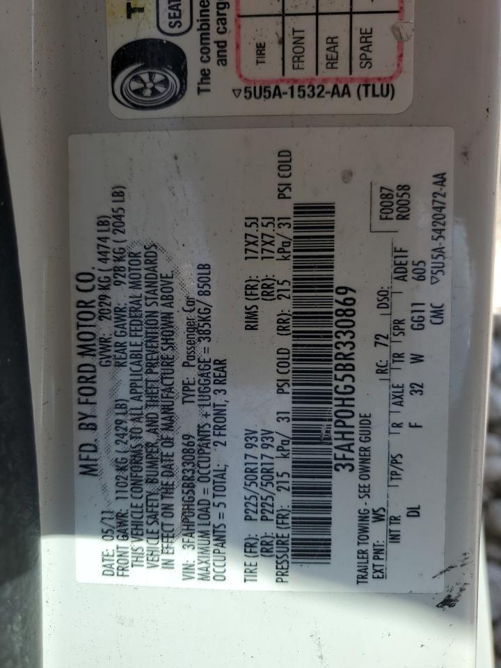 2011 Ford Fusion Se VIN: 3FAHP0HG5BR330869 Lot: 90049835