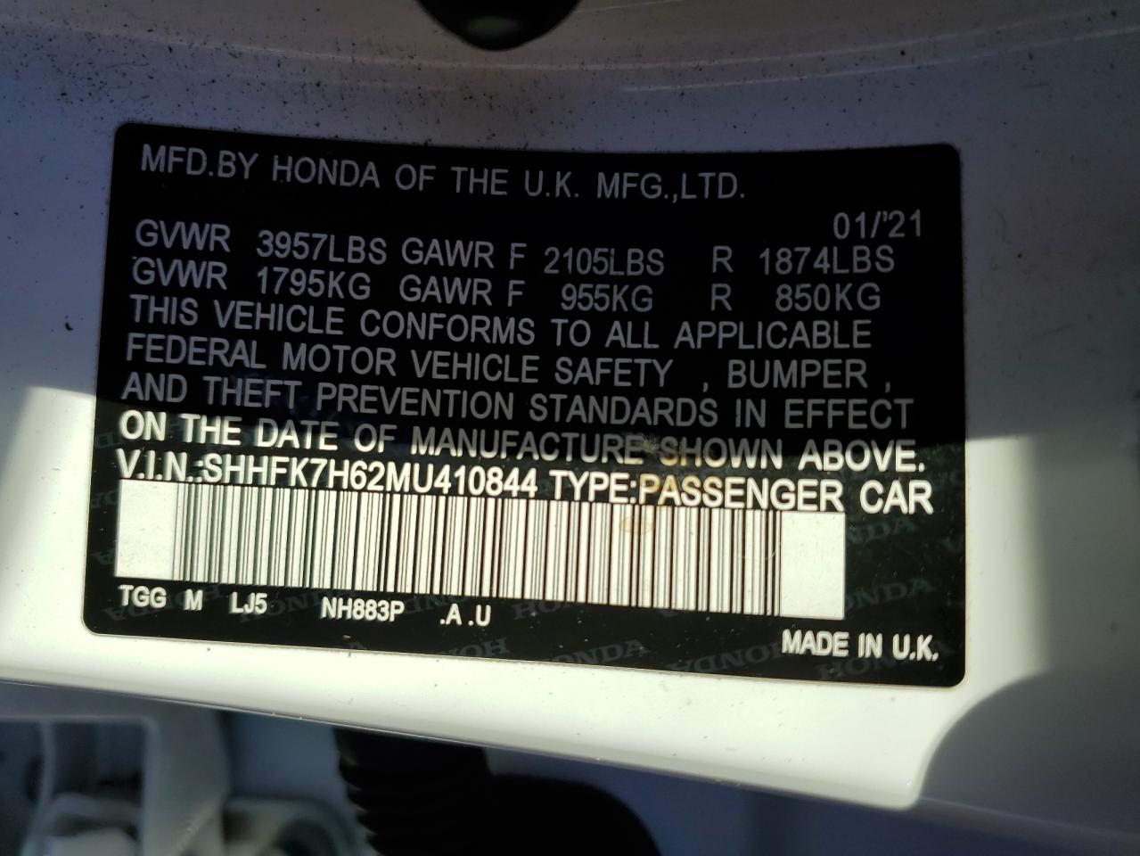 2021 Honda Civic Ex VIN: SHHFK7H62MU410844 Lot: 84863775