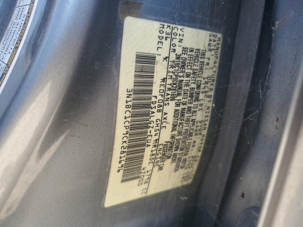 2012 Nissan Versa S VIN: 3N1BC1CP9CK281696 Lot: 85133745