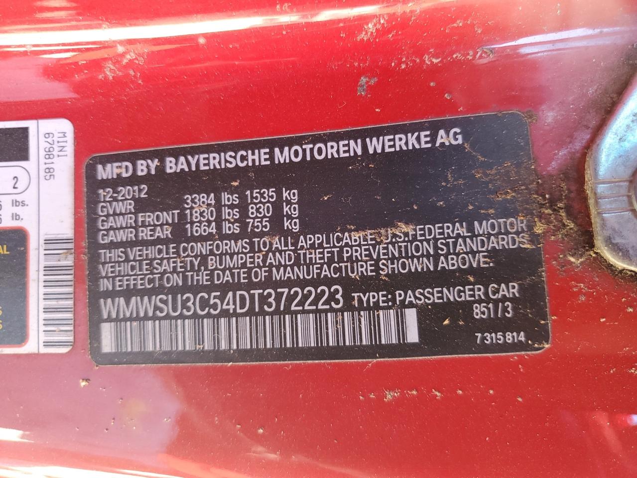 2013 Mini Cooper VIN: WMWSU3C54DT372223 Lot: 87207235