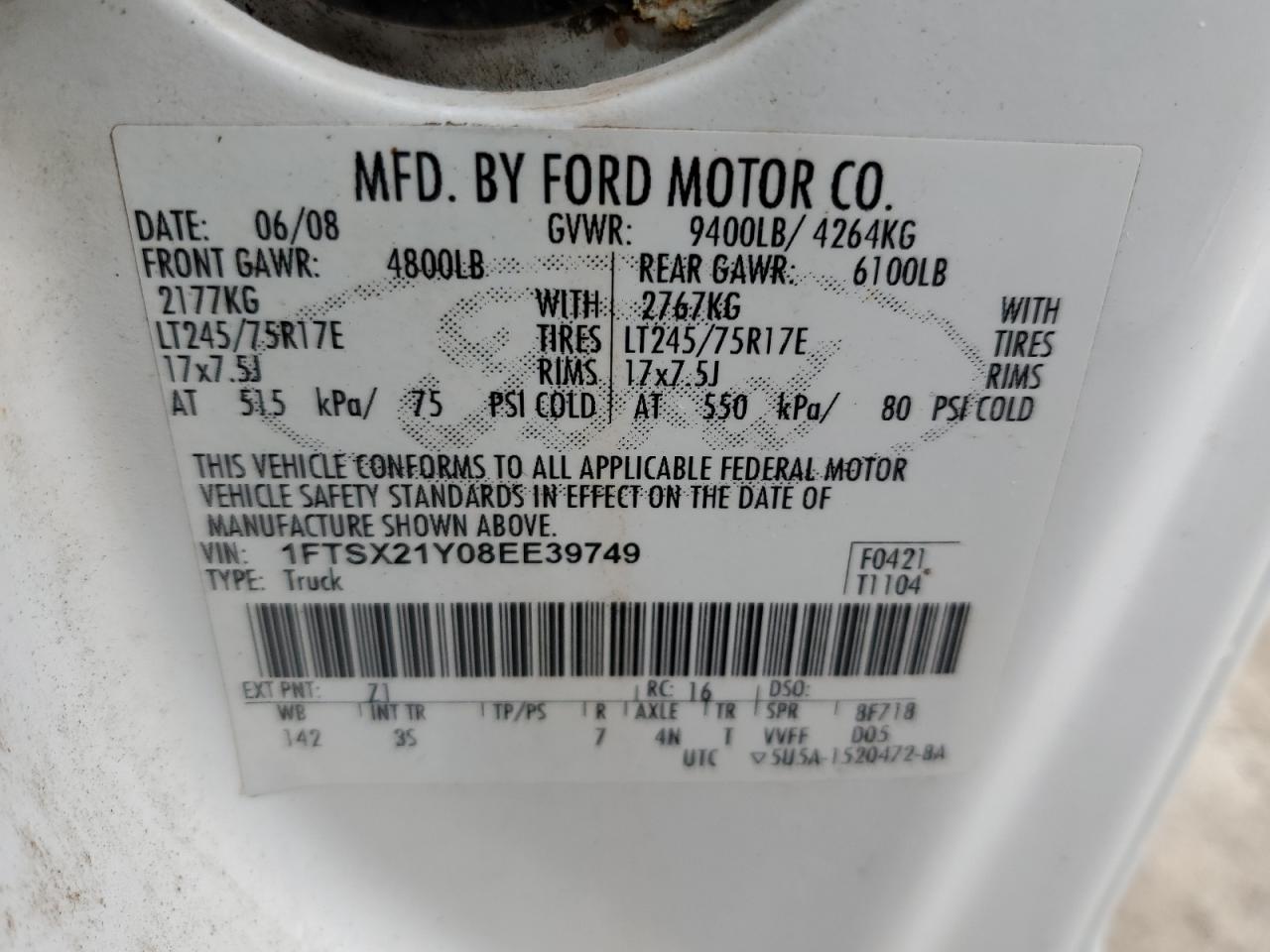 2008 Ford F250 Super Duty VIN: 1FTSX21Y08EE39749 Lot: 85653055