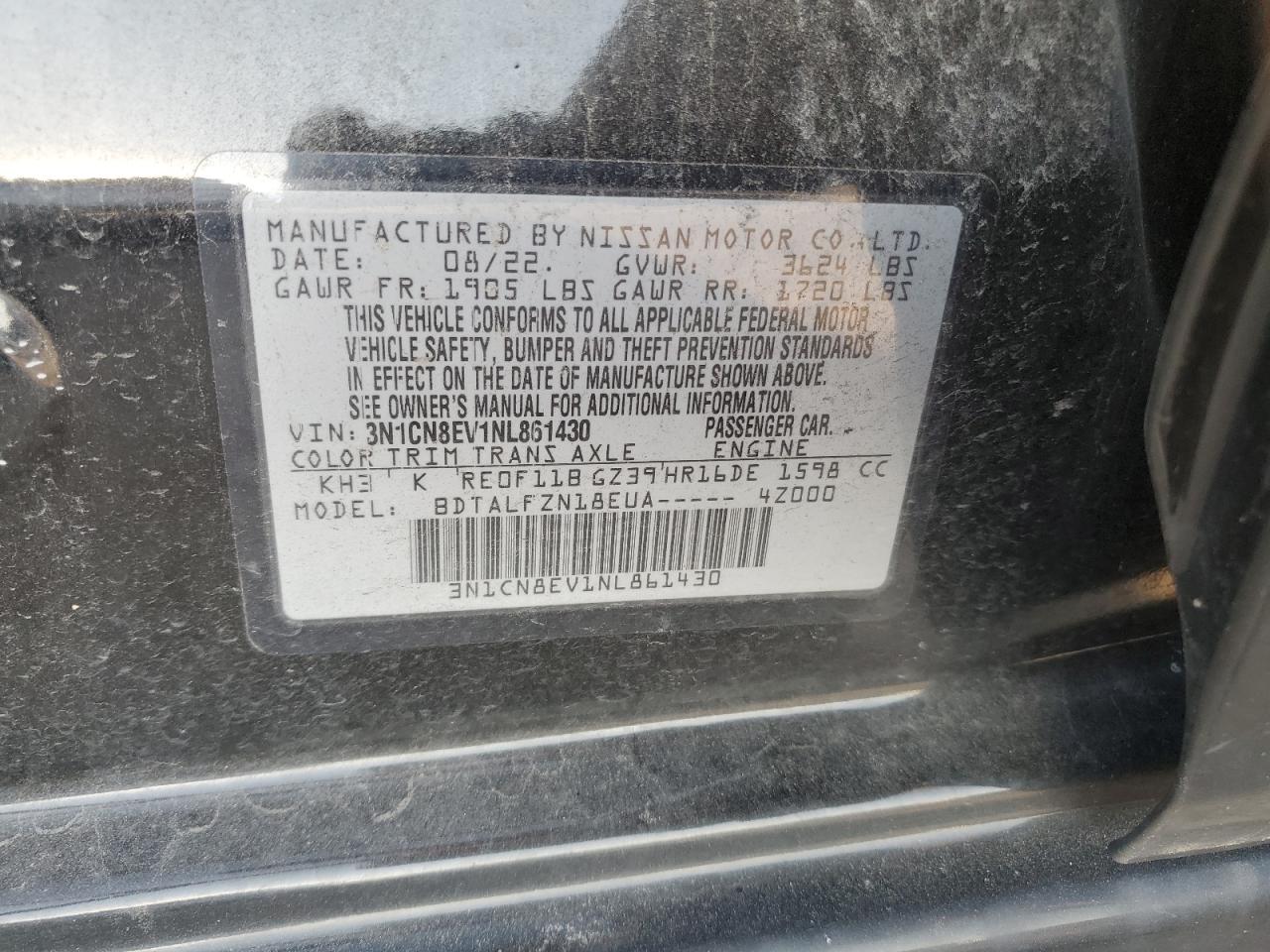 2022 Nissan Versa Sv VIN: 3N1CN8EV1NL861430 Lot: 84748025