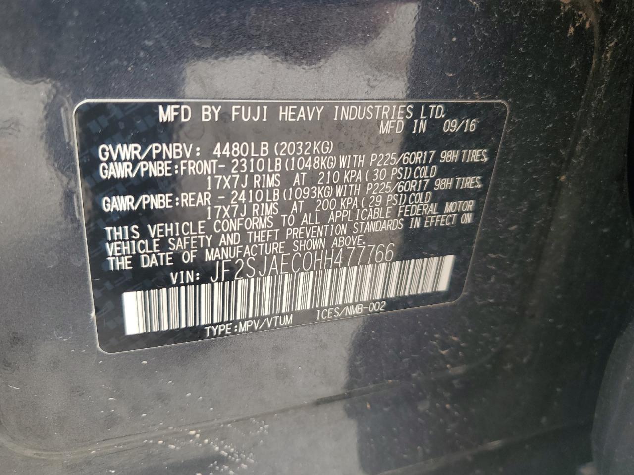 2017 Subaru Forester 2.5I Premium VIN: JF2SJAEC0HH477766 Lot: 90115005