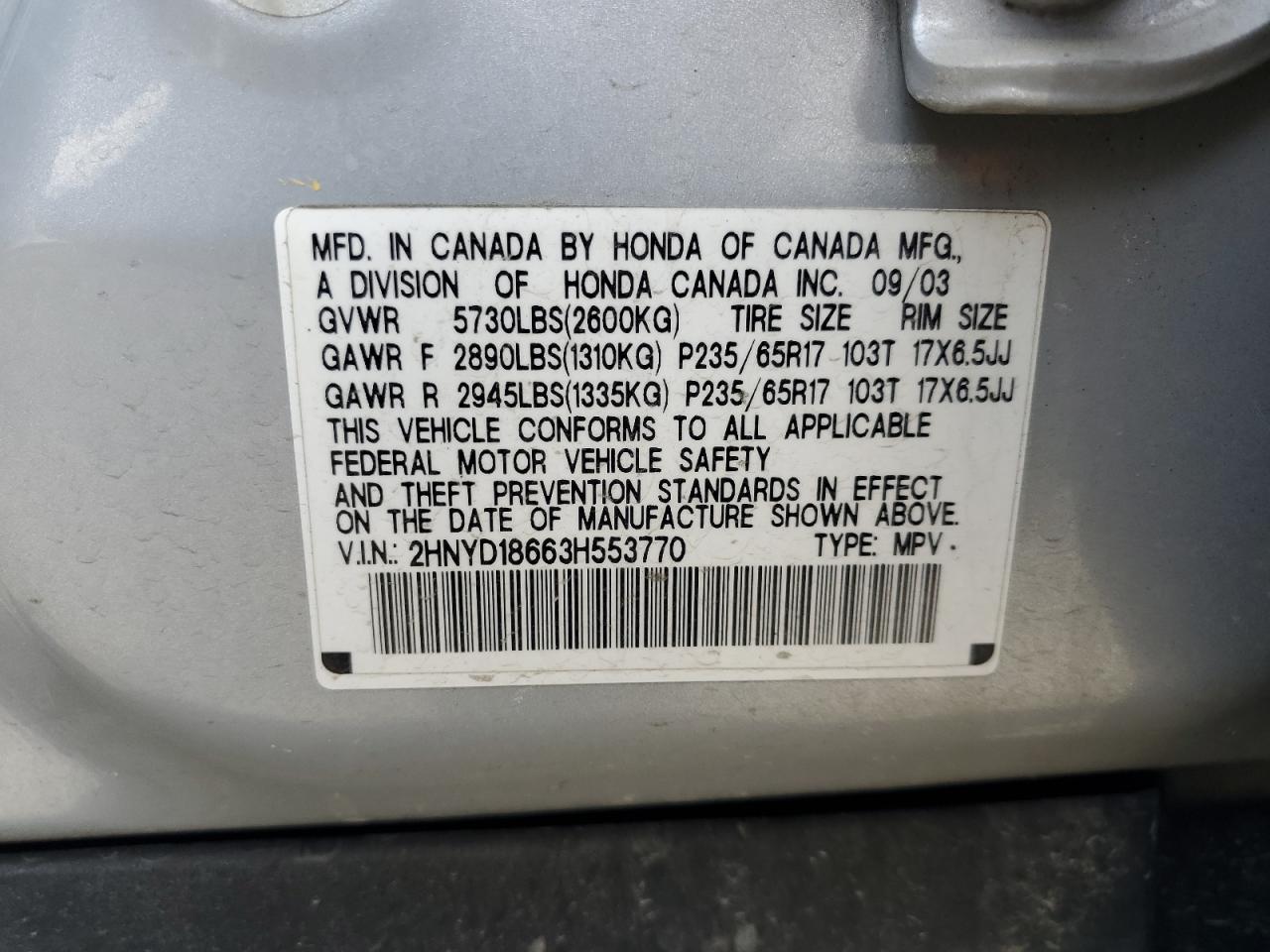 2003 Acura Mdx Touring VIN: 2HNYD18663H553770 Lot: 85913255