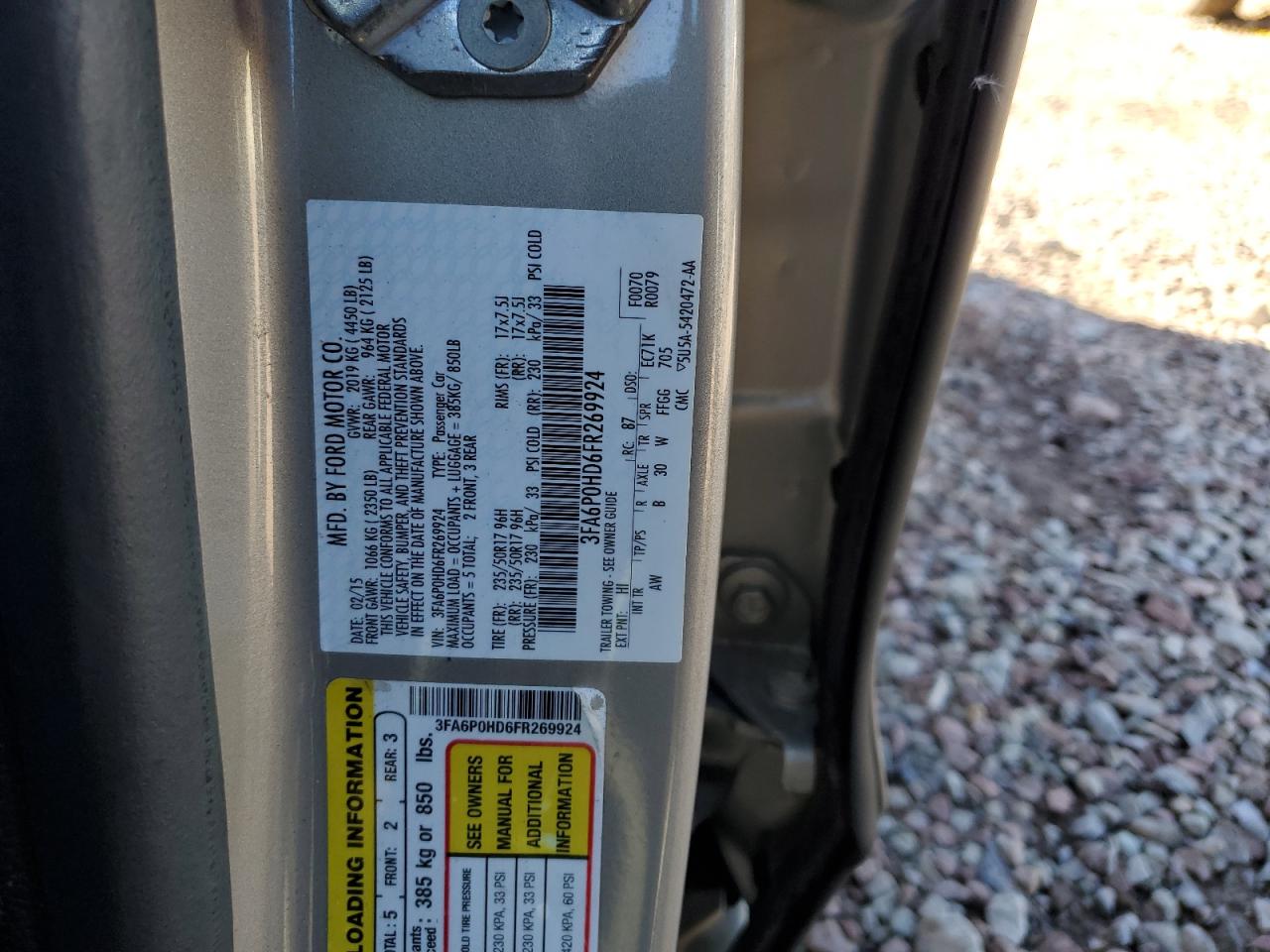 2015 Ford Fusion Se VIN: 3FA6P0HD6FR269924 Lot: 85482765