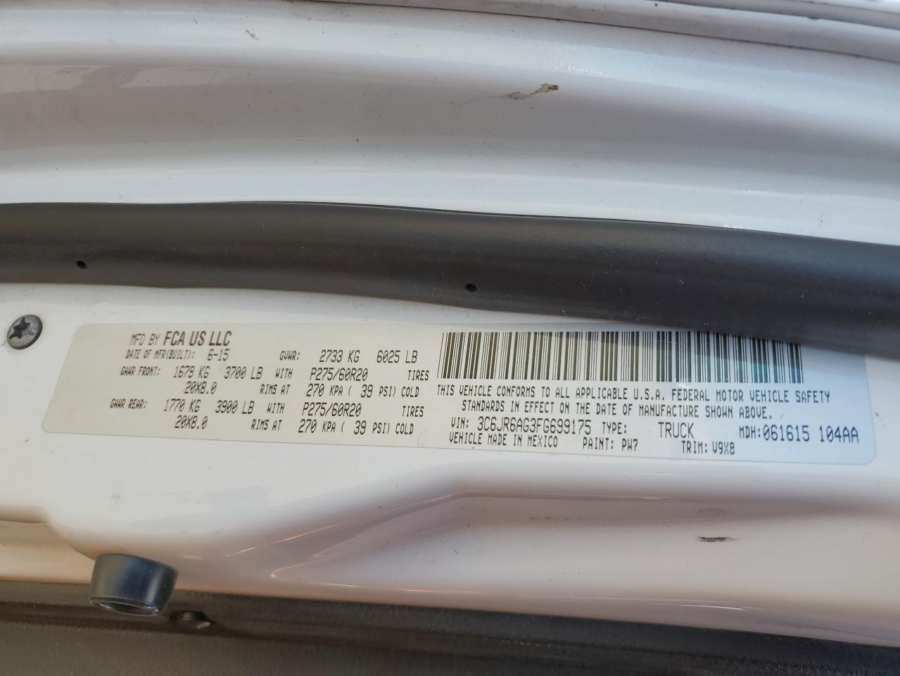 2015 Ram 1500 St VIN: 3C6JR6AG3FG699175 Lot: 82192305