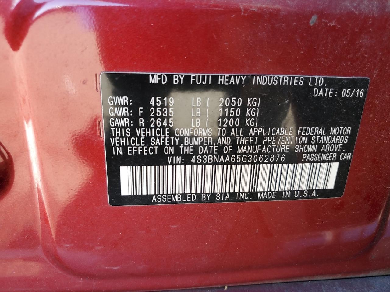 2016 Subaru Legacy 2.5I VIN: 4S3BNAA65G3062876 Lot: 85087825