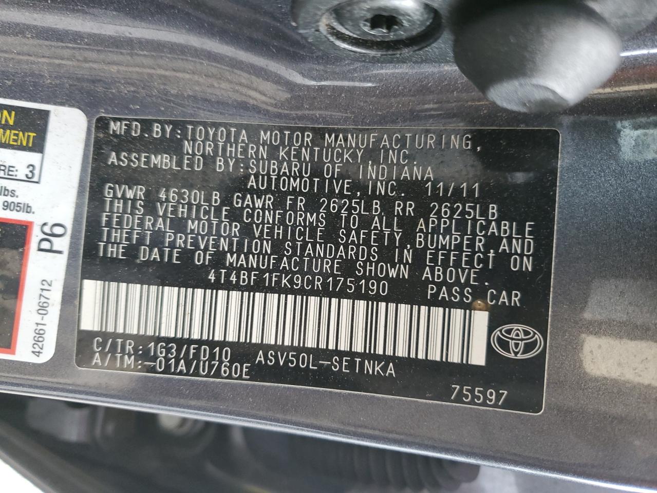 2012 Toyota Camry Base VIN: 4T4BF1FK9CR175190 Lot: 87214525