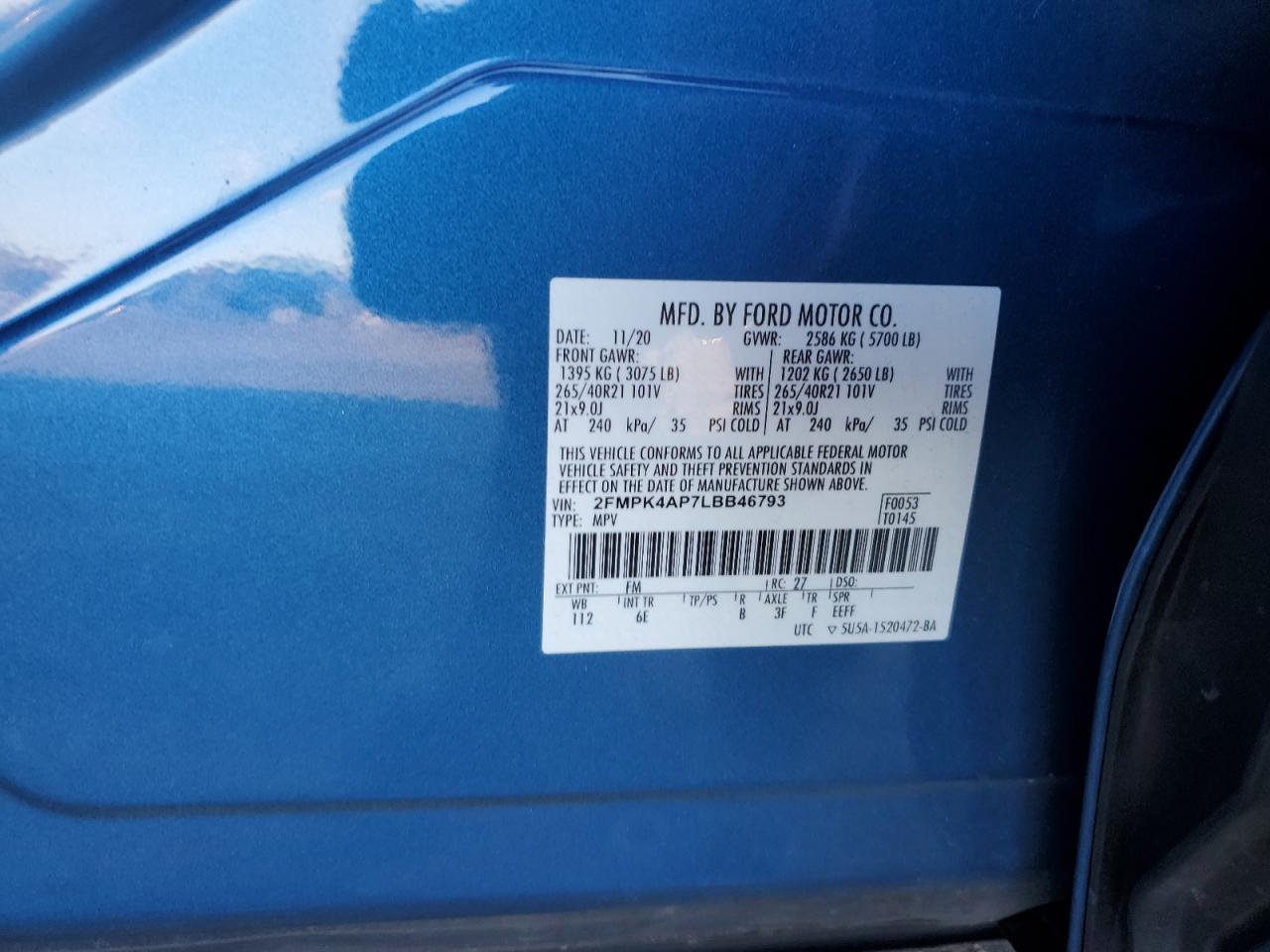 2020 Ford Edge St VIN: 2FMPK4AP7LBB46793 Lot: 90878655