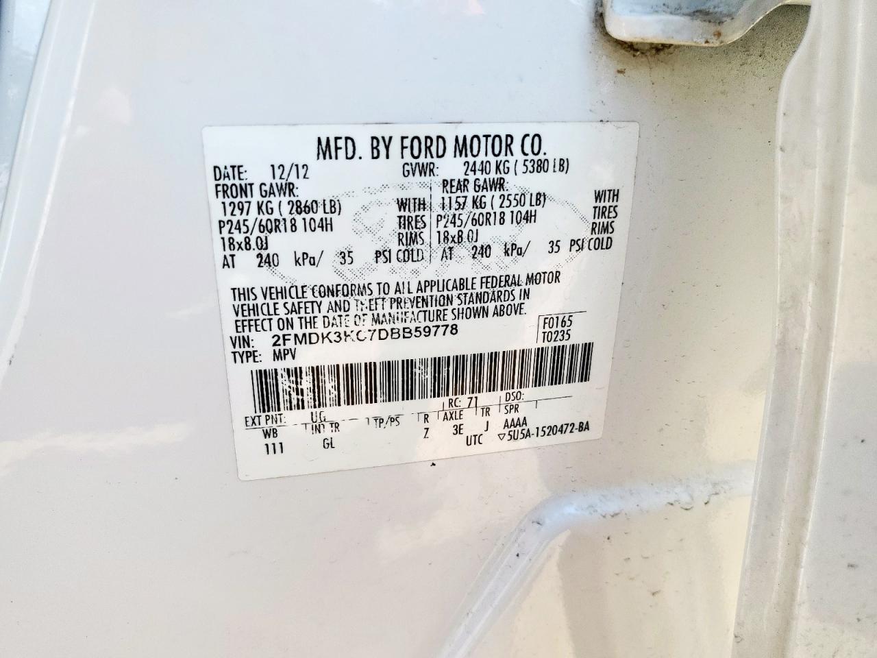 2013 Ford Edge Limited VIN: 2FMDK3KC7DBB59778 Lot: 85305525