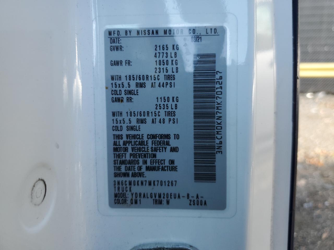 2021 Nissan Nv200 Utility / Service Van VIN: 3N6CM0KN7MK701267 Lot: 89577485