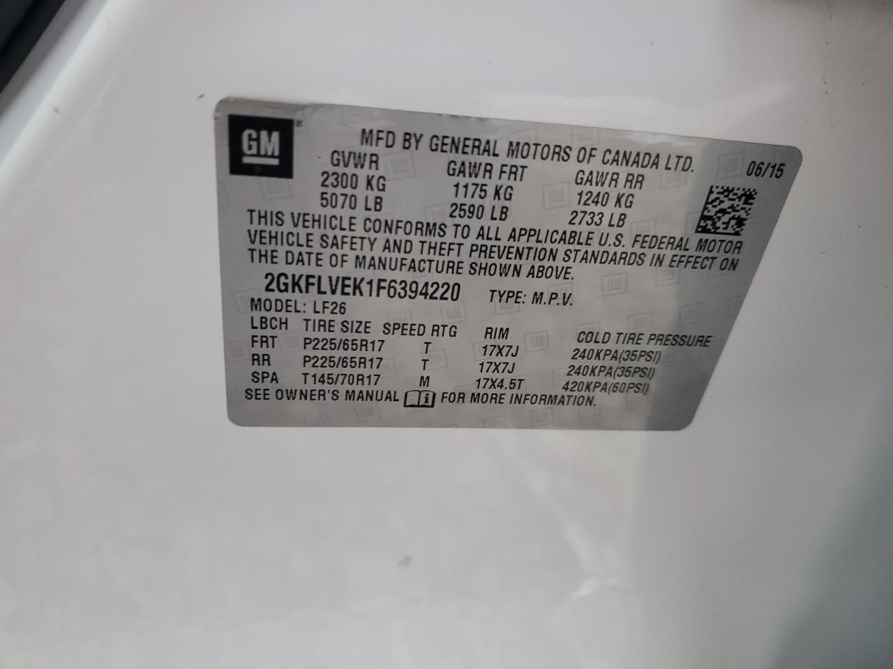 2015 GMC Terrain Sle VIN: 2GKFLVEK1F6394220 Lot: 86114135