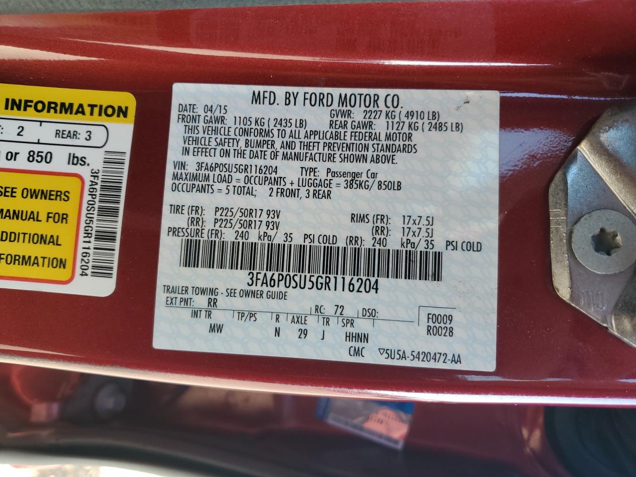 2016 Ford Fusion Titanium Phev VIN: 3FA6P0SU5GR116204 Lot: 82253815