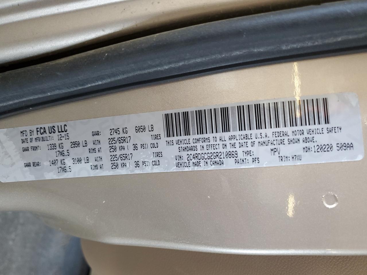 2016 Dodge Grand Caravan Sxt VIN: 2C4RDGCG2GR210869 Lot: 84391155